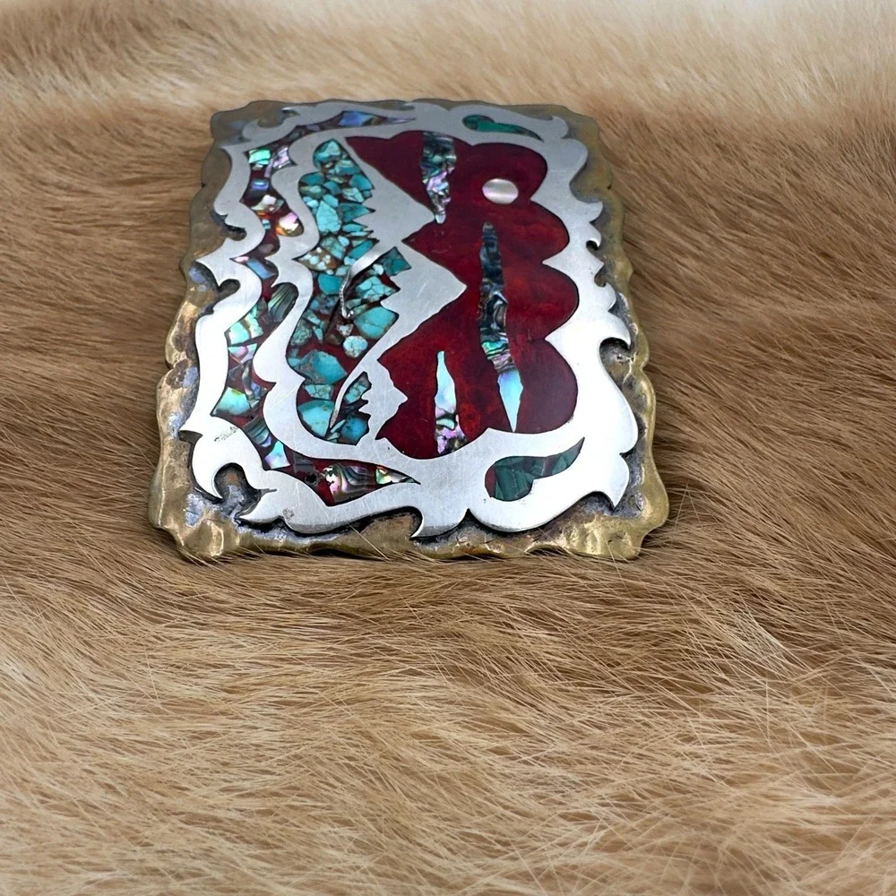 VTG Southwestern Mountain Landscape Turquoise Abalone Chip Inlay Belt Buckle